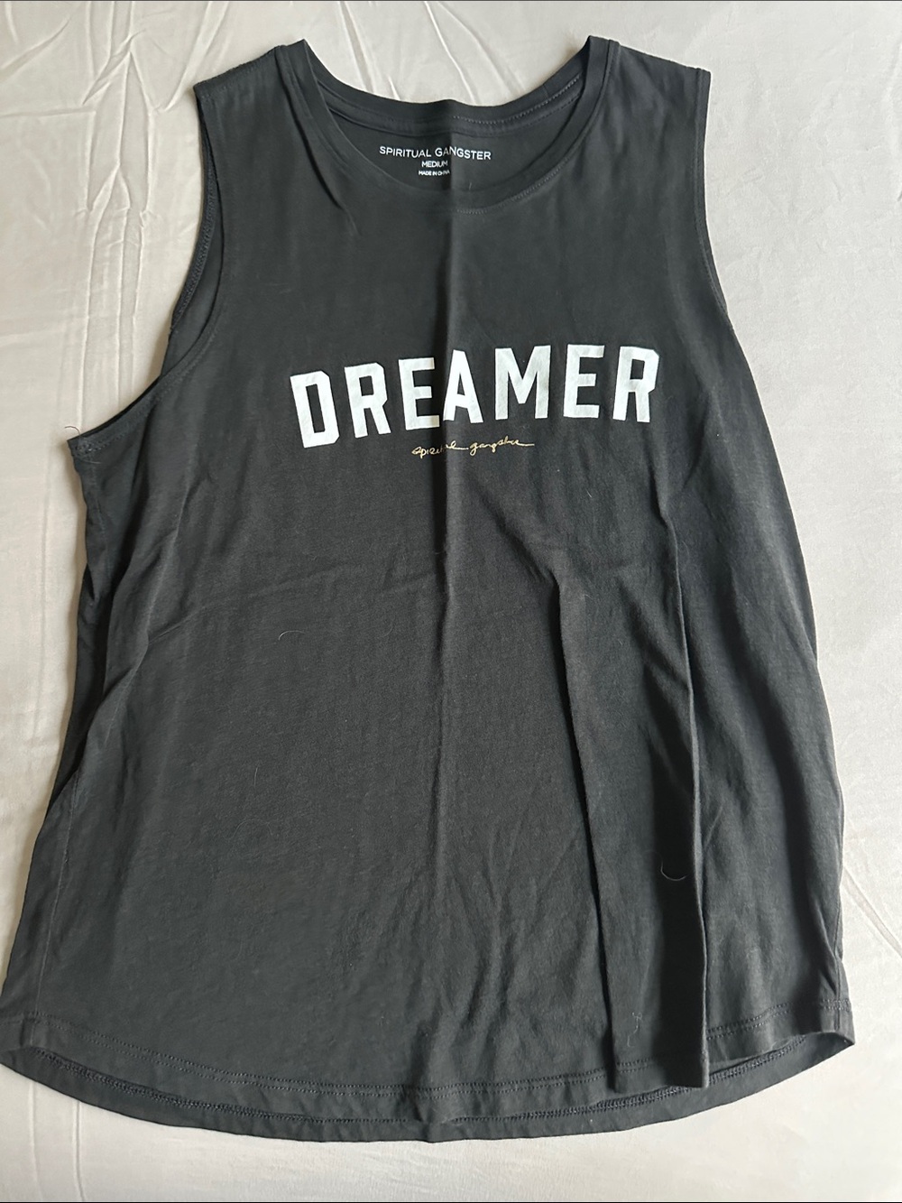 Spiritual Gangster Black 'Dreamer' Muscle Tank with White and Gold Print